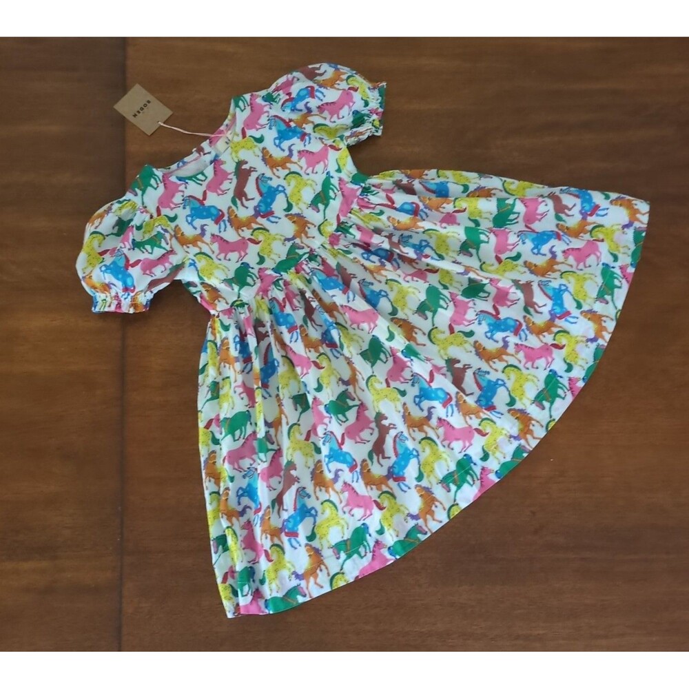 Mini Boden Girls Madeline Woven Dress in Multi Rainbow Horse size 6/7 NEW WT